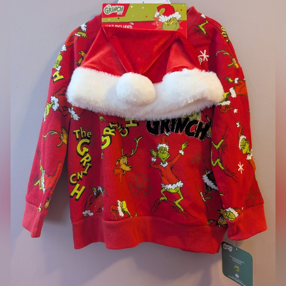 🆕 Grinch & Max Red Print Christmas Sweatshirt with Appliquée Santa Hat Kids 3T